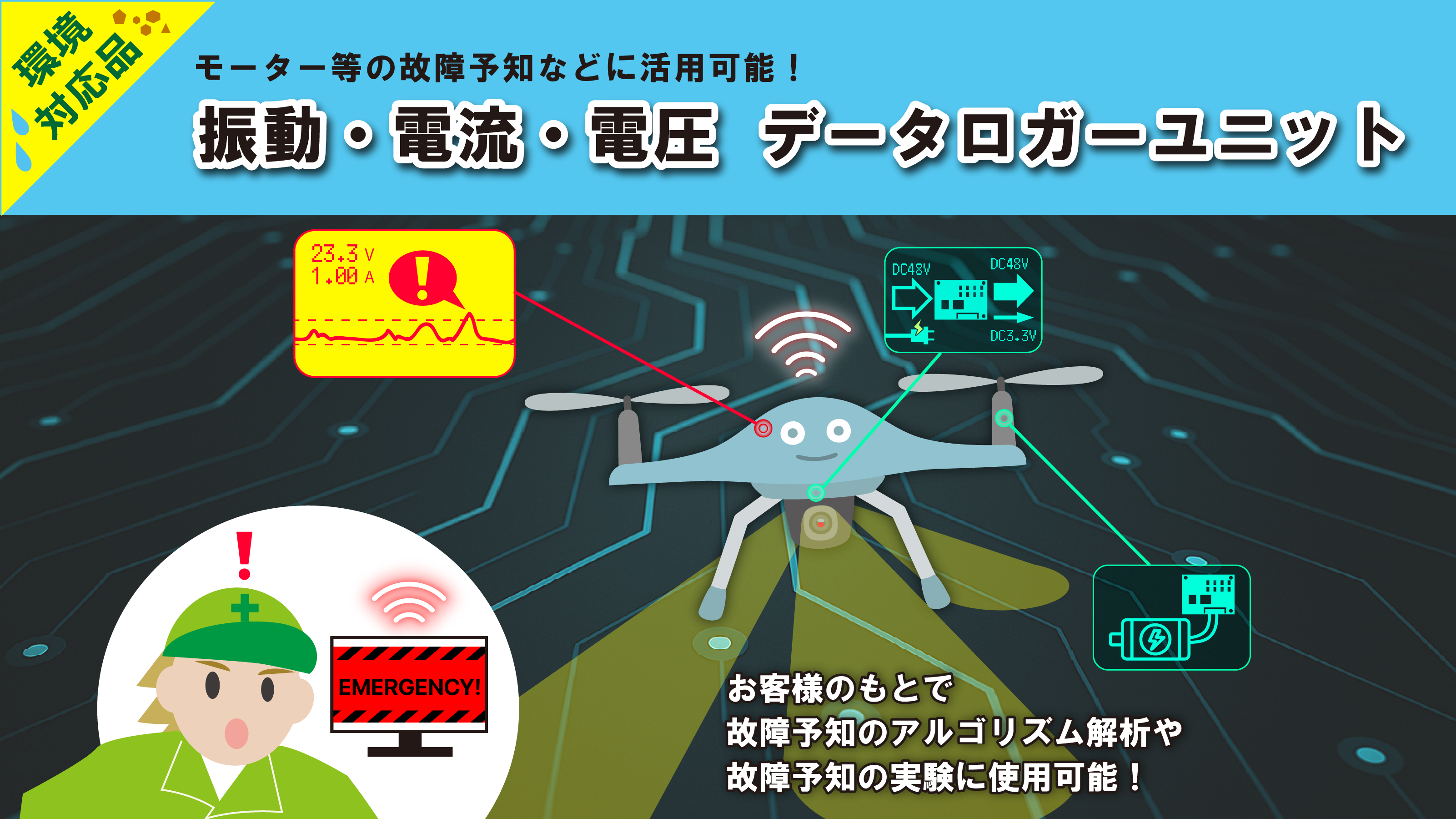 振動・電流・電圧データロガーユニット お客様のもとで精度の高いアナログデータの取得により、アルゴリズム解析等にお役立ていただけます。
